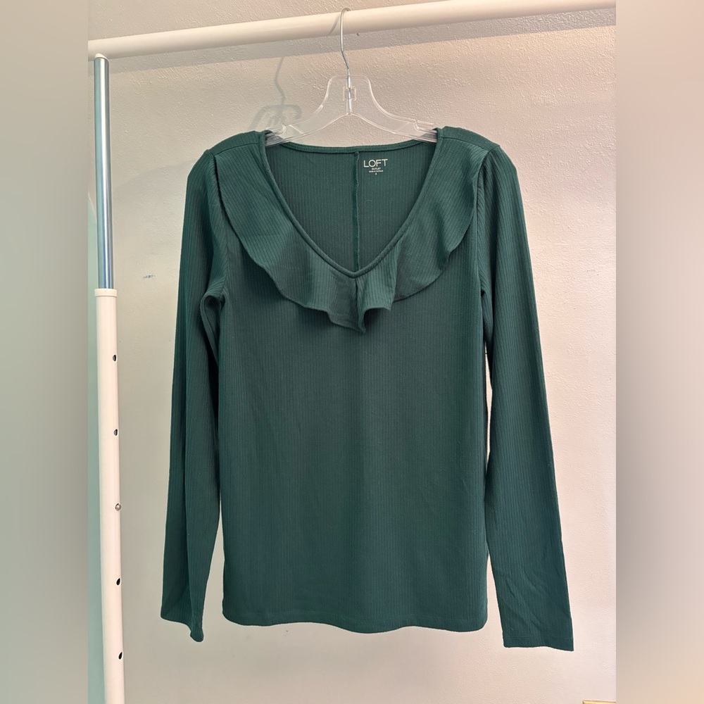 LOFT Deep Green Ruffle V-Neck Blouse - Picture 3 of 5